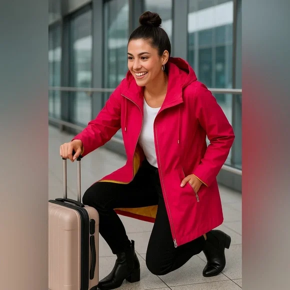 Luii for Anthropologie Fuchsia Travel Hooded Jacket Yellow Lining Size L NWOT - Picture 8 of 15